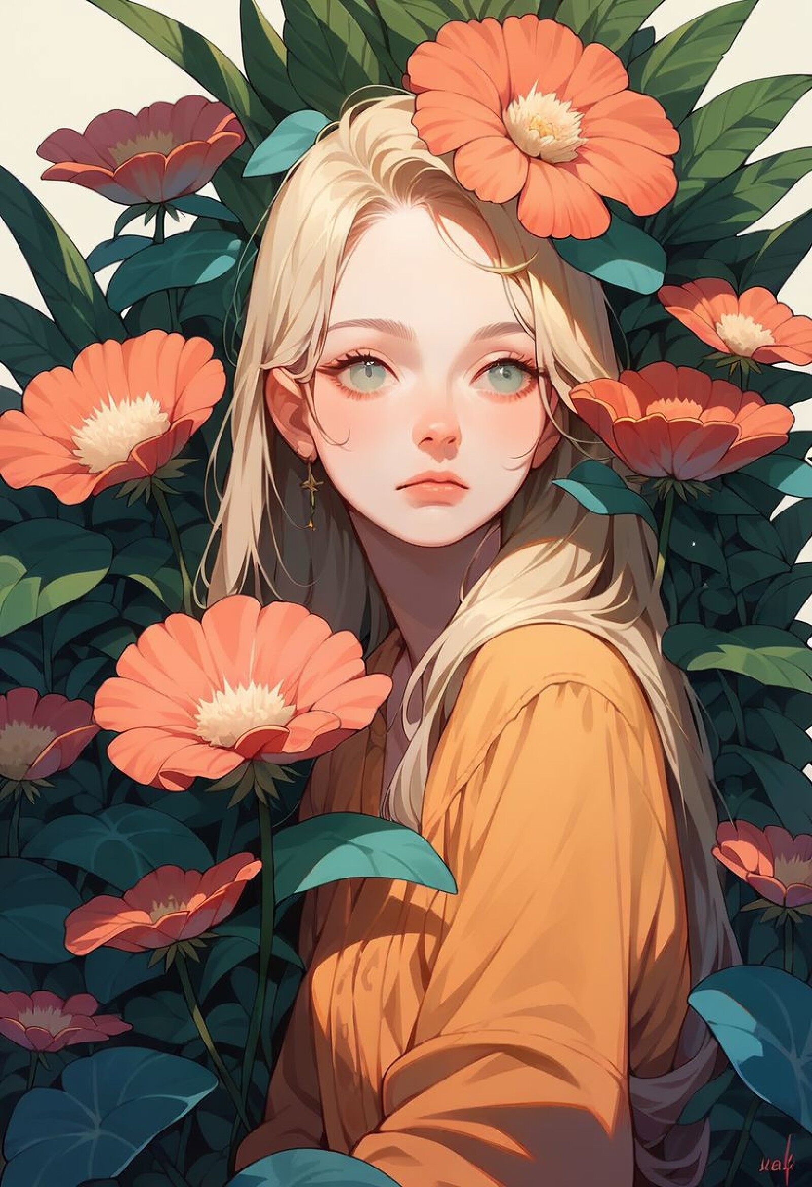 花环少女：平面植物纹样与柔和人物造型的融合-多模态AI