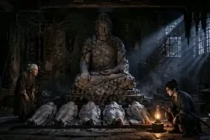 一名青年在一座破庙中面对佛像与六具尸体时的恐怖悬疑