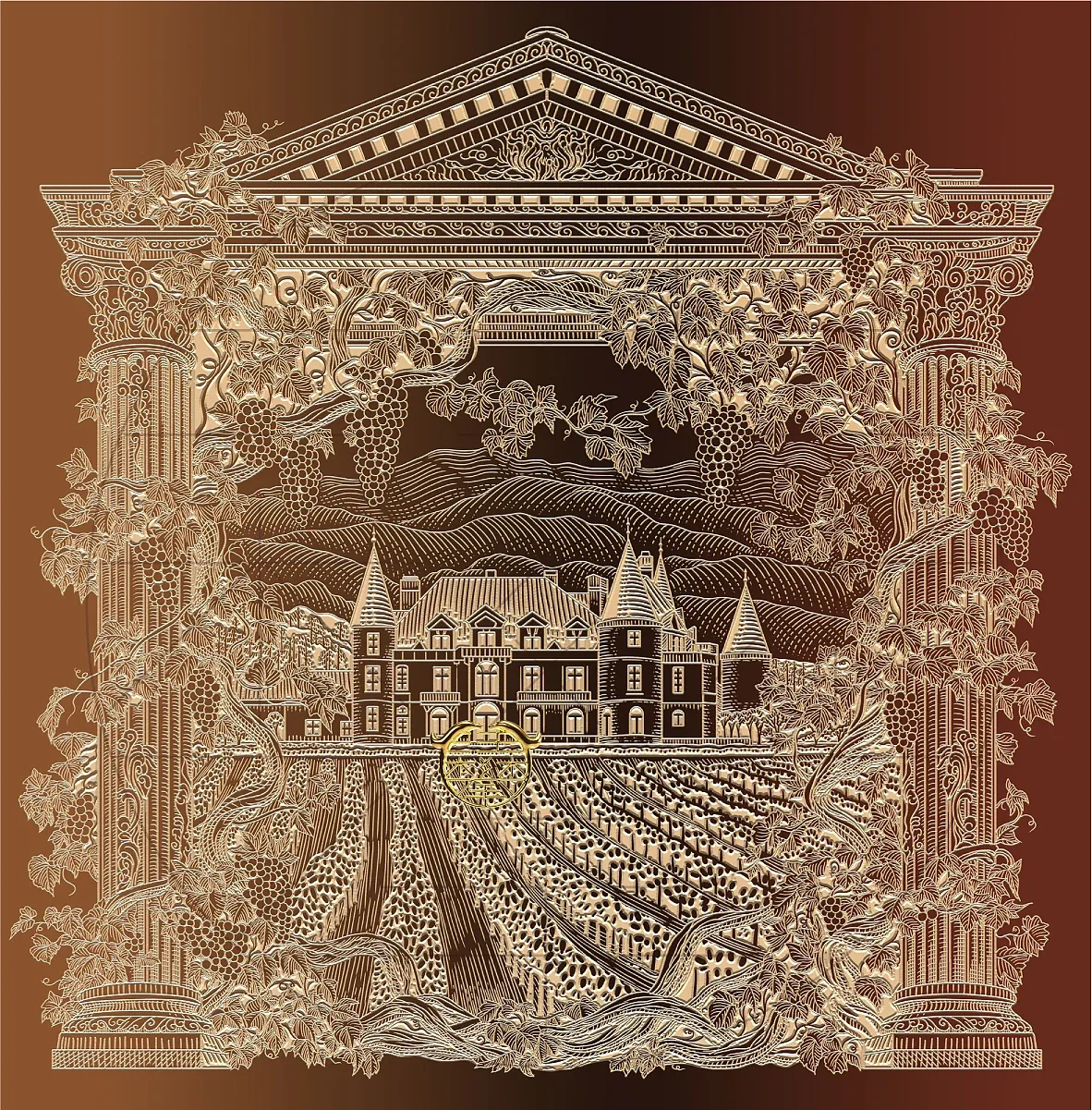 站酷设计精选 | 罗马柱葡萄酒庄红酒包装插画设计/版画-多模态AI